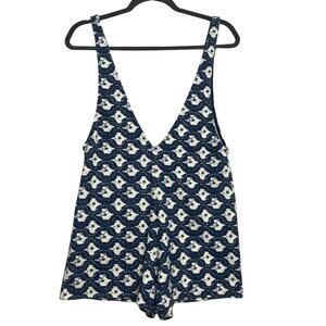 ZARA Trafaluc Size Small 1 Piece Blue White Sleeveless Deep V Neck Romper Summer